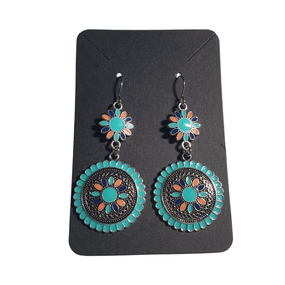 Teal Orange Floral Dangle Earrings Silver Tone Metal Lightweight Boho Multicolor
